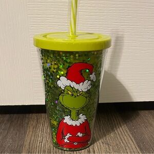 Grinch Feelin’ Grinchy Green Glitter 16 oz Plastic Tumbler with Straw NEW